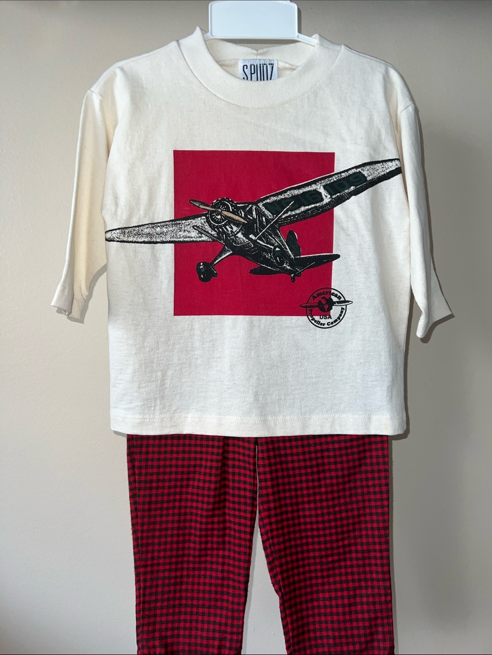 S.P.UDZ 2 Piece Propeller Plane Graphic Shirt & Red Check Pants Pajama Play Set